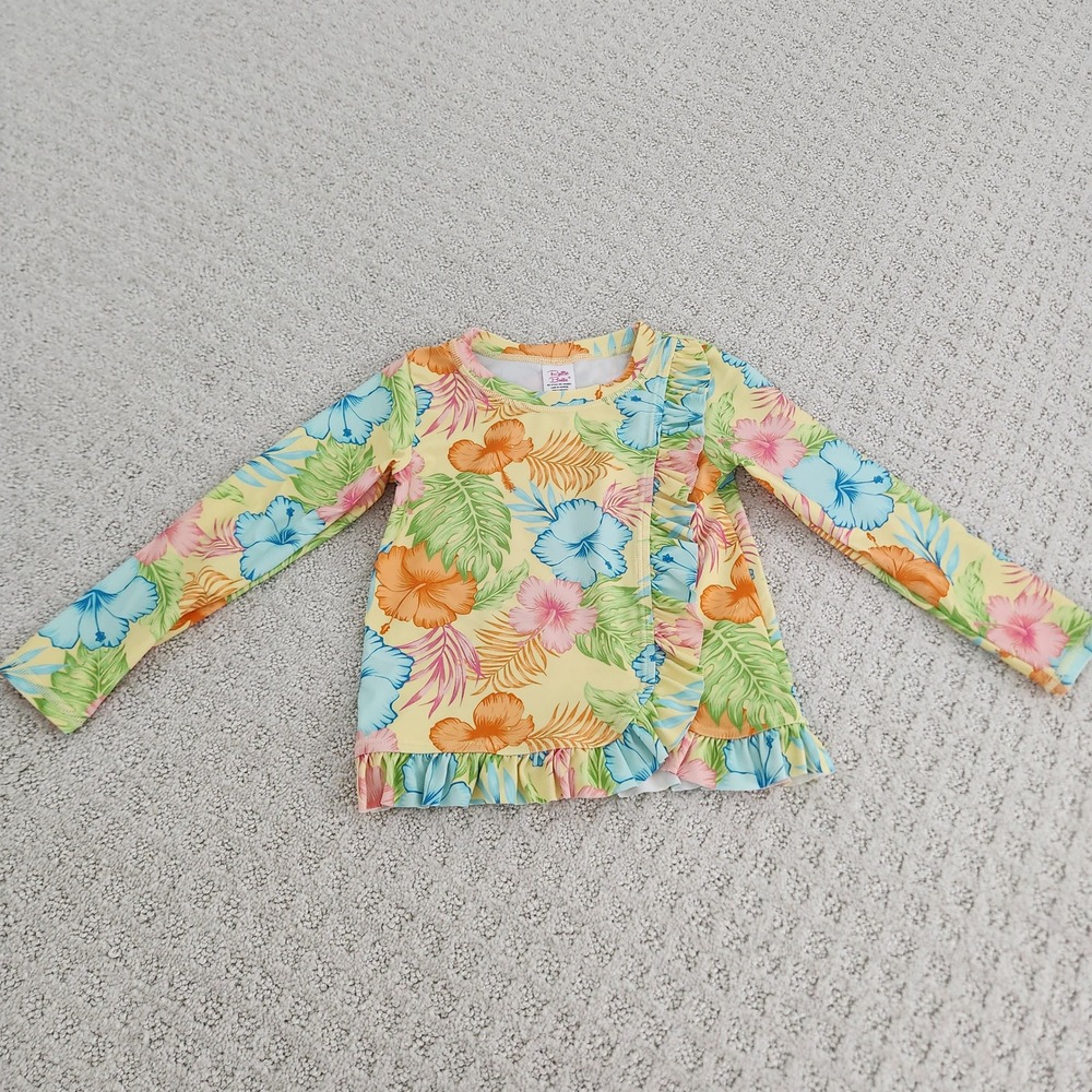 RuffleButts Girls 4T Tropical Hibiscus Floral Ruffle Long Sleeve Rash Guard Top